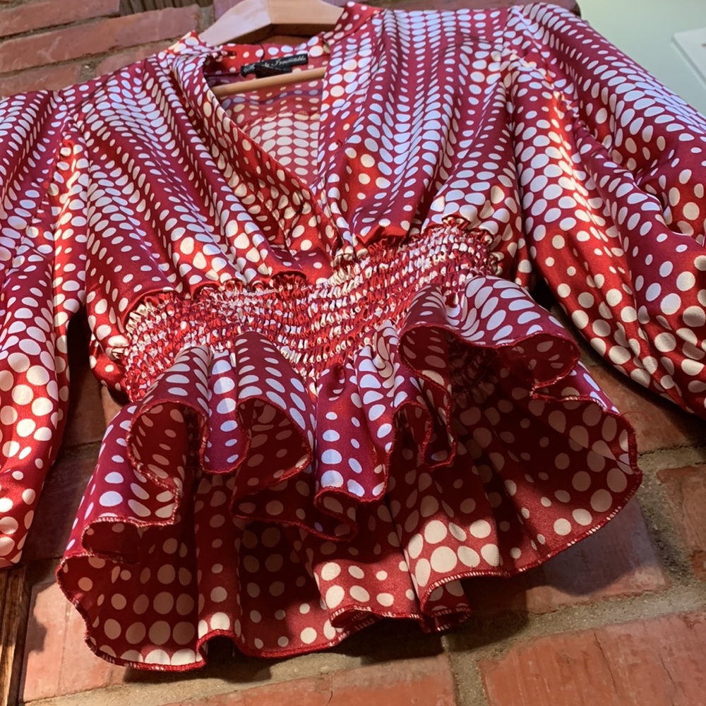 Vintage style puff sleeve peplum polka dot blouse top - Picture 3 of 5
